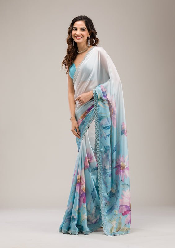 Sky Blue Satin Floral Printed Silver Stonework Saree With Matching Blouse Piece - Image 4
