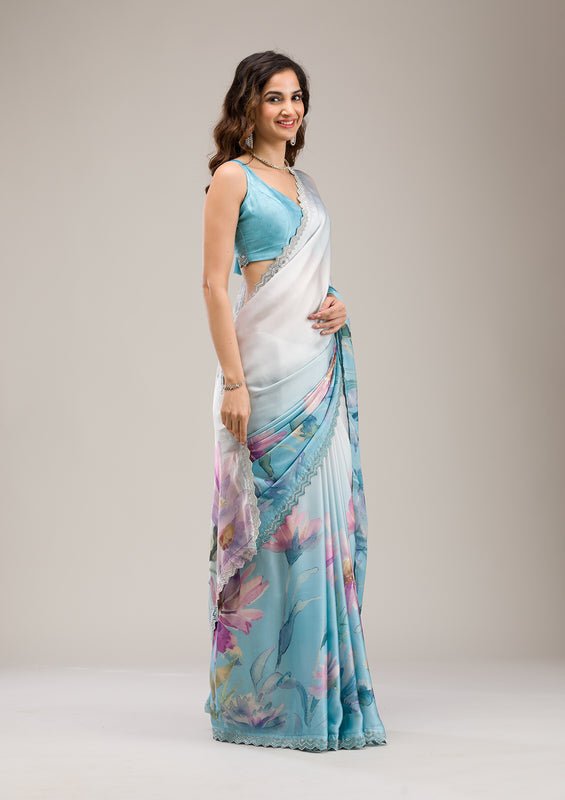 Sky Blue Satin Floral Printed Silver Stonework Saree With Matching Blouse Piece - Image 5