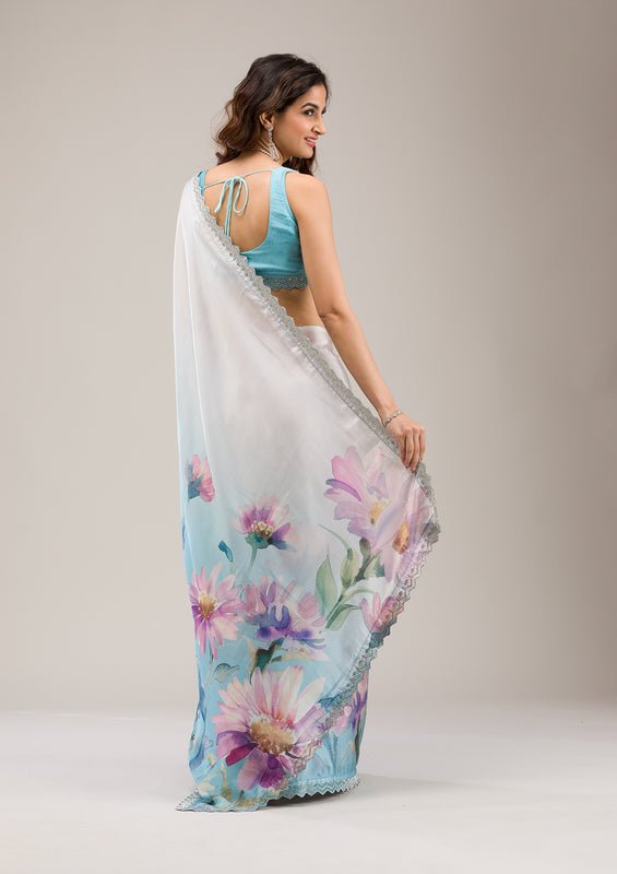 Sky Blue Satin Floral Printed Silver Stonework Saree With Matching Blouse Piece - Image 6