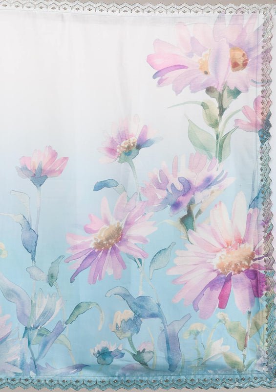 Sky Blue Satin Floral Printed Silver Stonework Saree With Matching Blouse Piece - Image 7