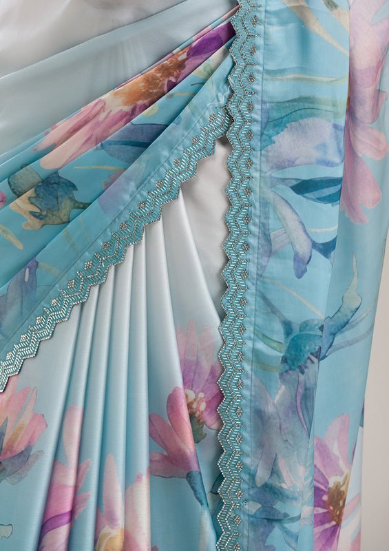 Sky Blue Satin Floral Printed Silver Stonework Saree With Matching Blouse Piece - Image 8