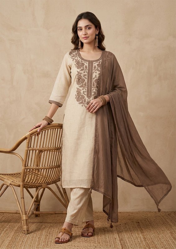 Beige Brown Cotton Threadwork Straight Kurta With Pant Regular And Dupatta