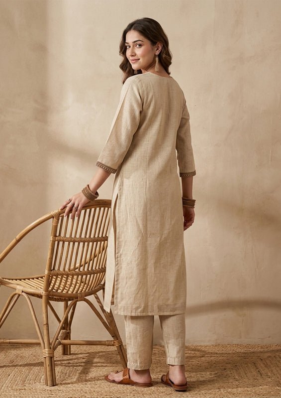 Beige Brown Cotton Threadwork Straight Kurta With Pant Regular And Dupatta - Image 2