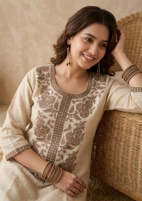 Beige Brown Cotton Threadwork Straight Kurta With Pant Regular And Dupatta - Image 3