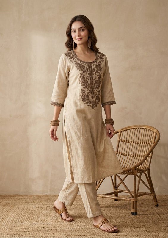 Beige Brown Cotton Threadwork Straight Kurta With Pant Regular And Dupatta - Image 4