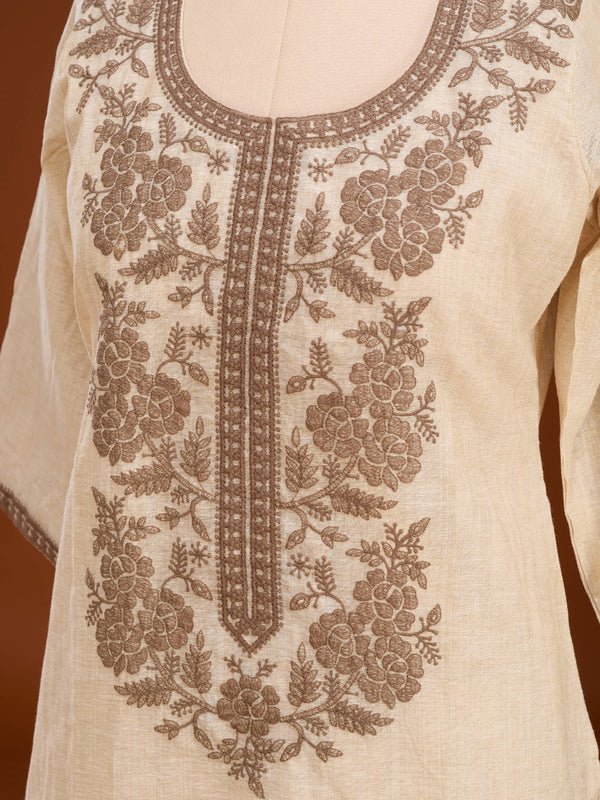 Beige Brown Cotton Threadwork Straight Kurta With Pant Regular And Dupatta - Image 6
