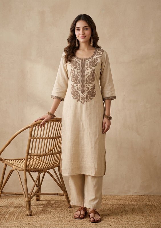 Beige Brown Cotton Threadwork Straight Kurta With Pant Regular And Dupatta - Image 7