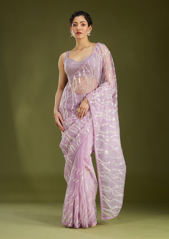 Lavender Organza Pearlwork Saree With Matching Blouse Piece