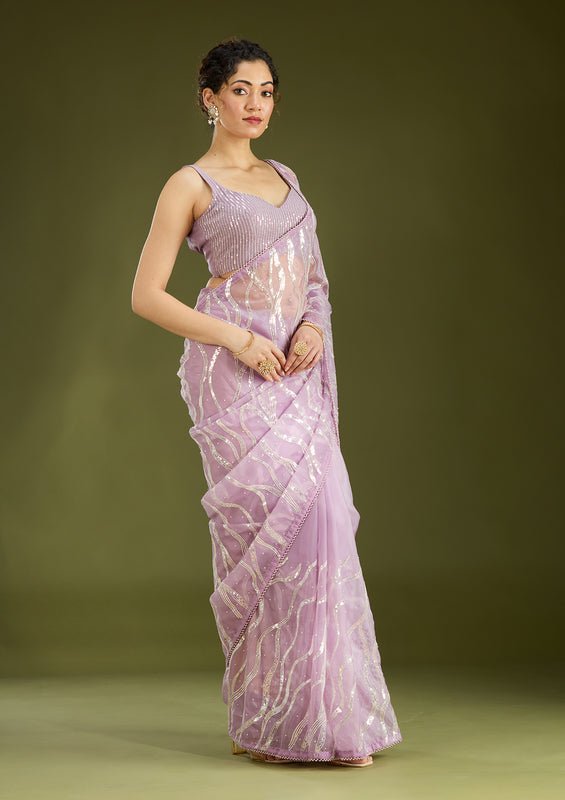 Lavender Organza Pearlwork Saree With Matching Blouse Piece - Image 2