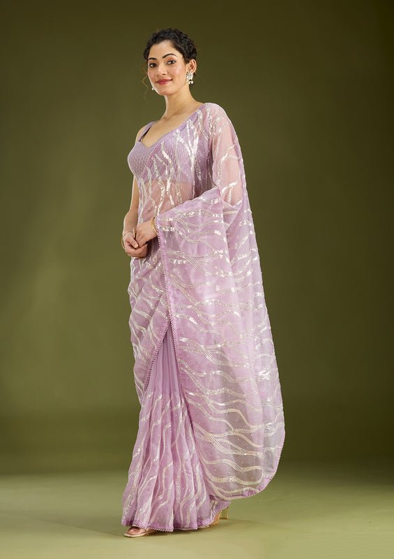 Lavender Organza Pearlwork Saree With Matching Blouse Piece - Image 3