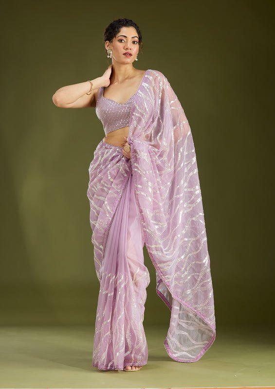 Lavender Organza Pearlwork Saree With Matching Blouse Piece - Image 4
