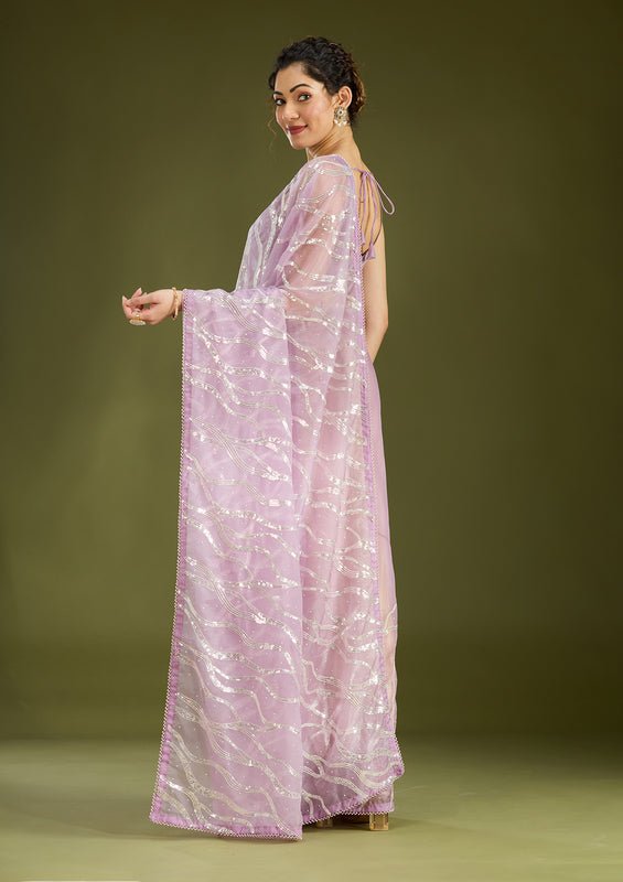 Lavender Organza Pearlwork Saree With Matching Blouse Piece - Image 5