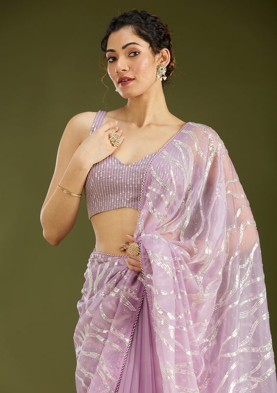 Lavender Organza Pearlwork Saree With Matching Blouse Piece - Image 6
