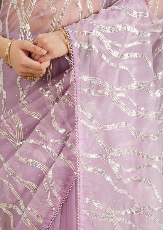 Lavender Organza Pearlwork Saree With Matching Blouse Piece - Image 7
