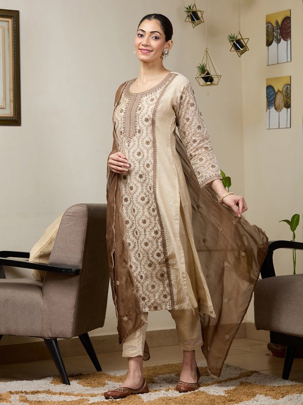 Beige Brown Chanderi Threadwork Straight Kurta With Regular Pant And Dupatta
