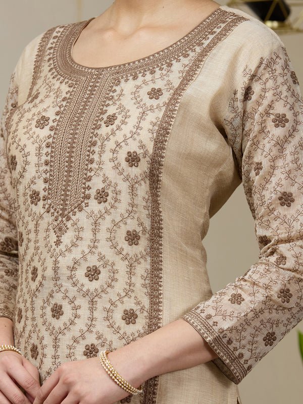 Beige Brown Chanderi Threadwork Straight Kurta With Regular Pant And Dupatta - Image 3