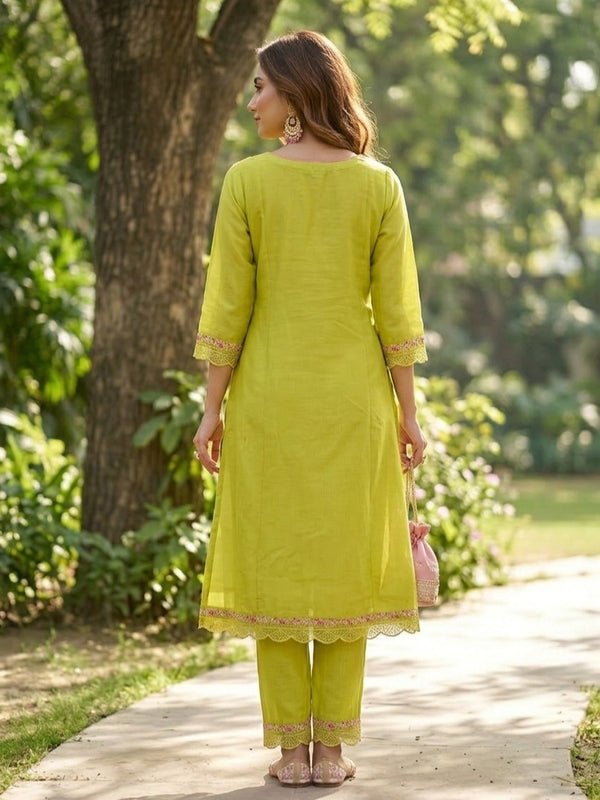Lime Green Art Silk Threadwork A Line Kurta With Pant Regular And Dupatta - Image 2