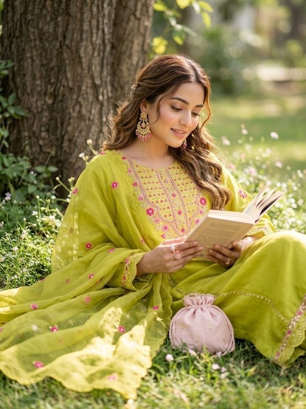 Lime Green Art Silk Threadwork A Line Kurta With Pant Regular And Dupatta - Image 3