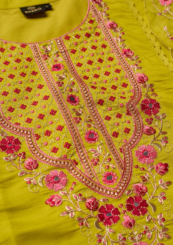 Lime Green Art Silk Threadwork A Line Kurta With Pant Regular And Dupatta - Image 4
