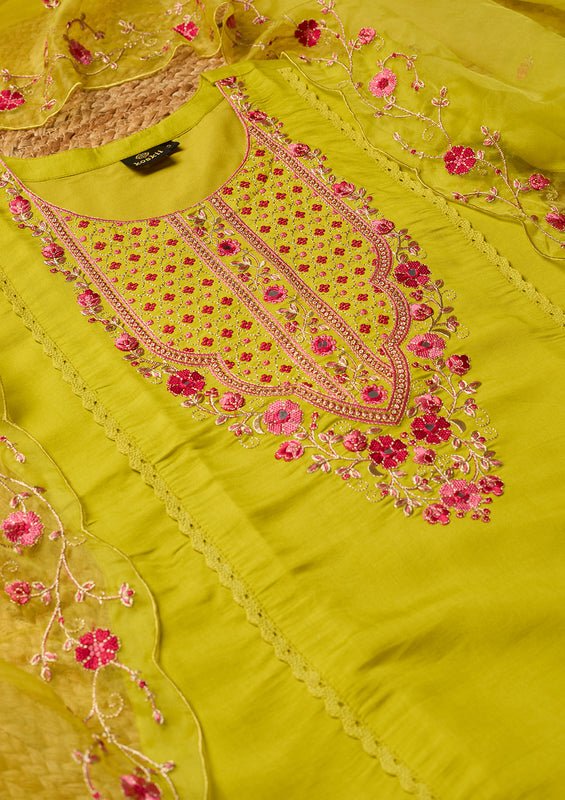 Lime Green Art Silk Threadwork A Line Kurta With Pant Regular And Dupatta - Image 5