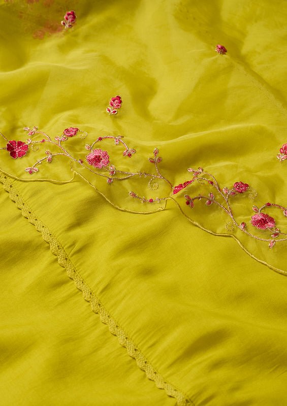 Lime Green Art Silk Threadwork A Line Kurta With Pant Regular And Dupatta - Image 6
