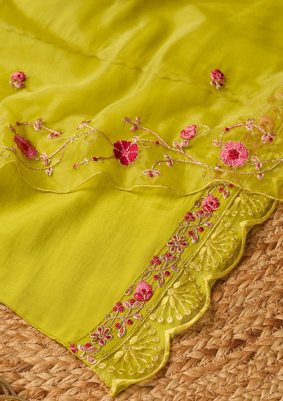 Lime Green Art Silk Threadwork A Line Kurta With Pant Regular And Dupatta - Image 7