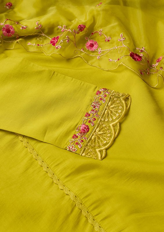 Lime Green Art Silk Threadwork A Line Kurta With Pant Regular And Dupatta - Image 8