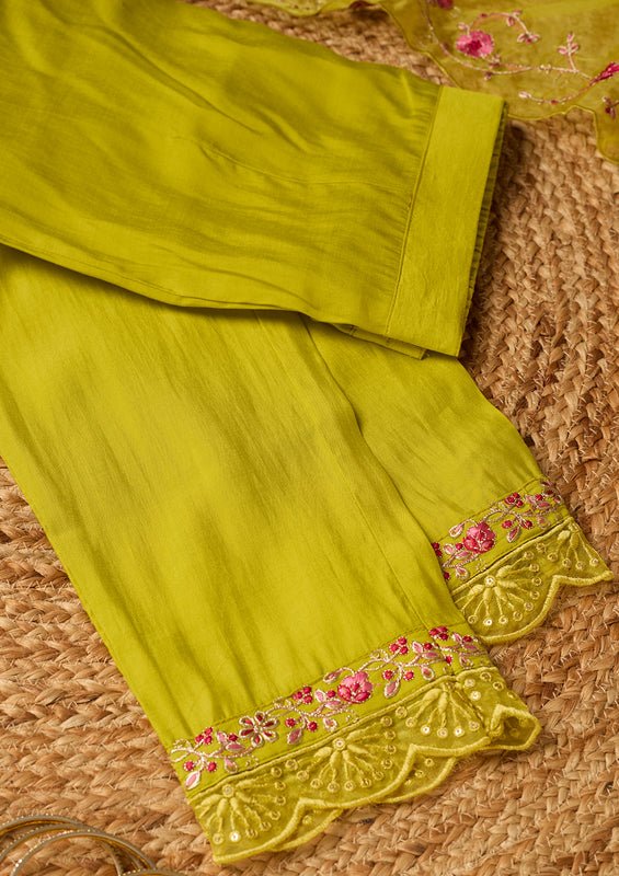 Lime Green Art Silk Threadwork A Line Kurta With Pant Regular And Dupatta - Image 10