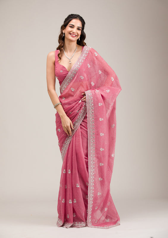 Pink Tissue Silver Zariwork Saree With Matching Blouse Piece - Image 2