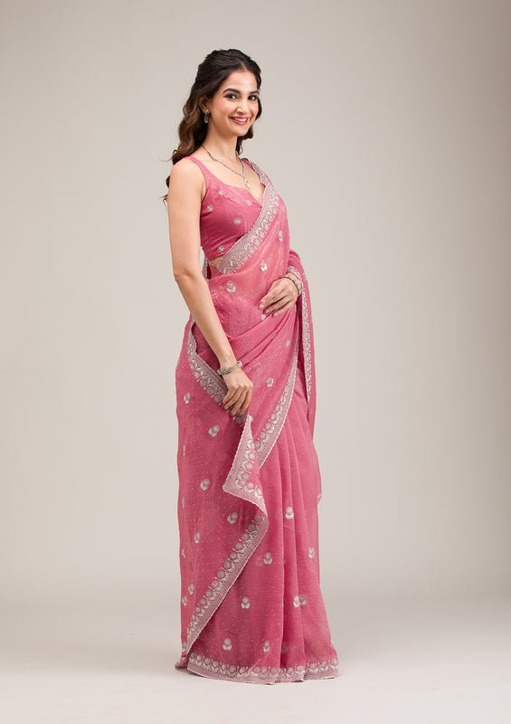 Pink Tissue Silver Zariwork Saree With Matching Blouse Piece - Image 4