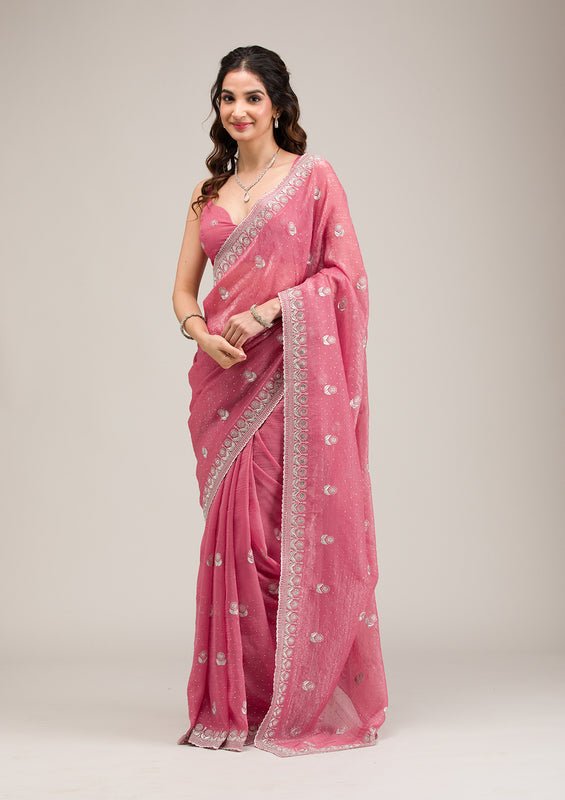 Pink Tissue Silver Zariwork Saree With Matching Blouse Piece - Image 5