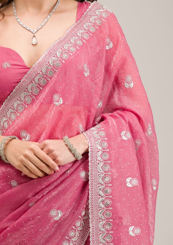 Pink Tissue Silver Zariwork Saree With Matching Blouse Piece - Image 7