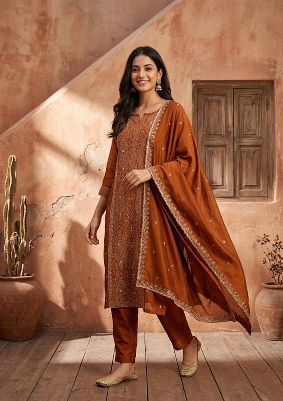 Rust Soft Raw Silk Threadwork Straight Kurta With Pant Regular And Dupatta