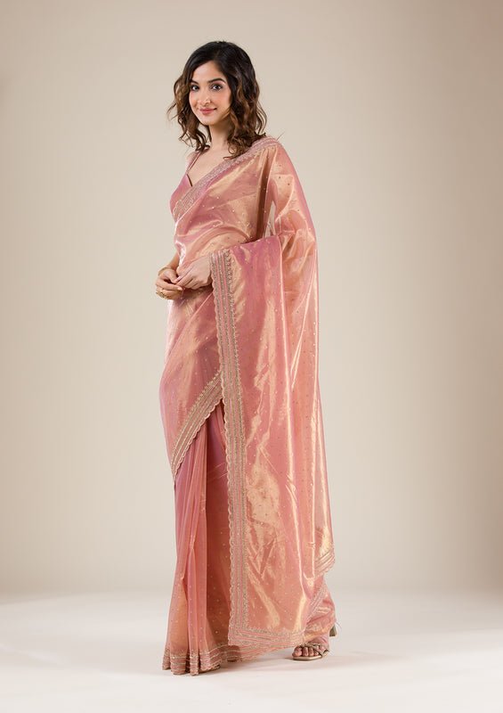 Mauve Organza Gold Zariwork Saree With Matching Blouse Piece - Image 4