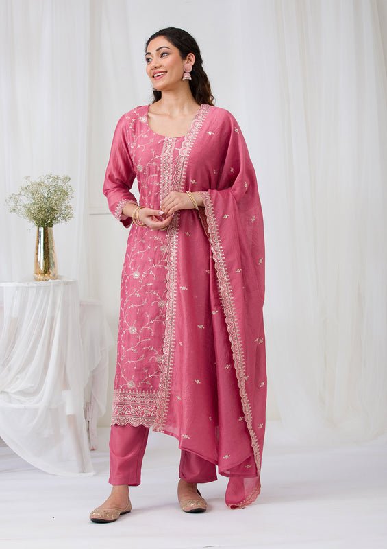 Onion Pink Soft Raw Silk Threadwork Straight Kurta With Regular Pant And Dupatta