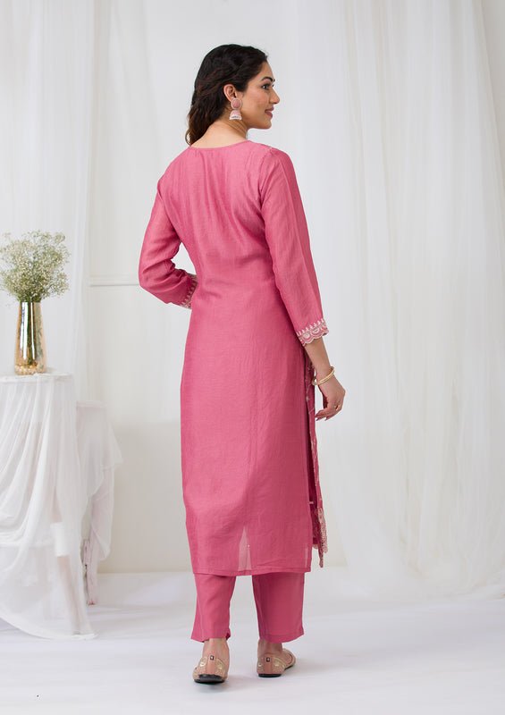 Onion Pink Soft Raw Silk Threadwork Straight Kurta With Regular Pant And Dupatta - Image 2