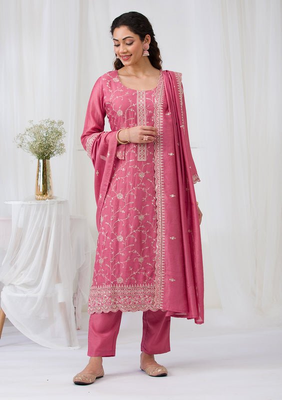 Onion Pink Soft Raw Silk Threadwork Straight Kurta With Regular Pant And Dupatta - Image 3