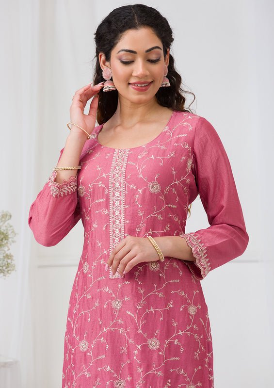 Onion Pink Soft Raw Silk Threadwork Straight Kurta With Regular Pant And Dupatta - Image 4