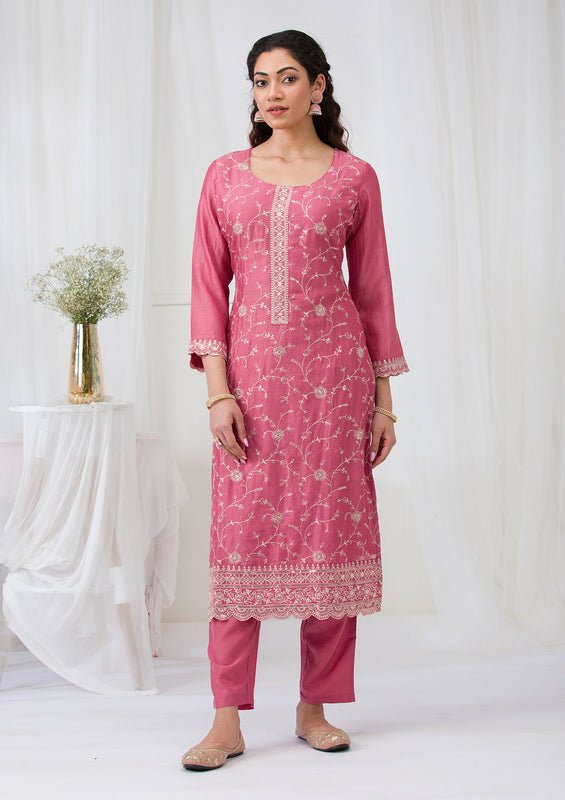 Onion Pink Soft Raw Silk Threadwork Straight Kurta With Regular Pant And Dupatta - Image 5