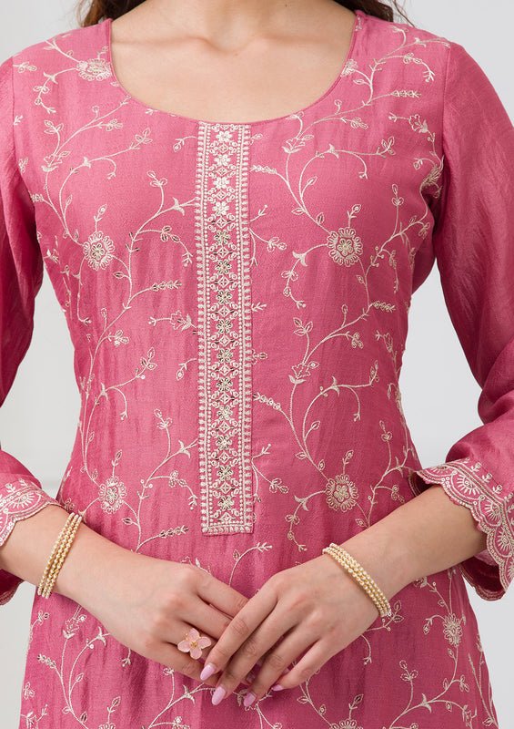 Onion Pink Soft Raw Silk Threadwork Straight Kurta With Regular Pant And Dupatta - Image 6