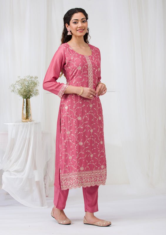 Onion Pink Soft Raw Silk Threadwork Straight Kurta With Regular Pant And Dupatta - Image 7