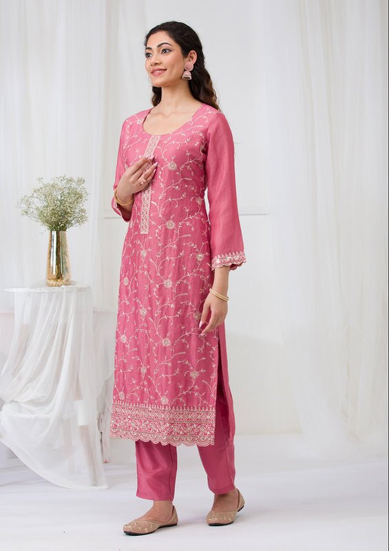 Onion Pink Soft Raw Silk Threadwork Straight Kurta With Regular Pant And Dupatta - Image 8
