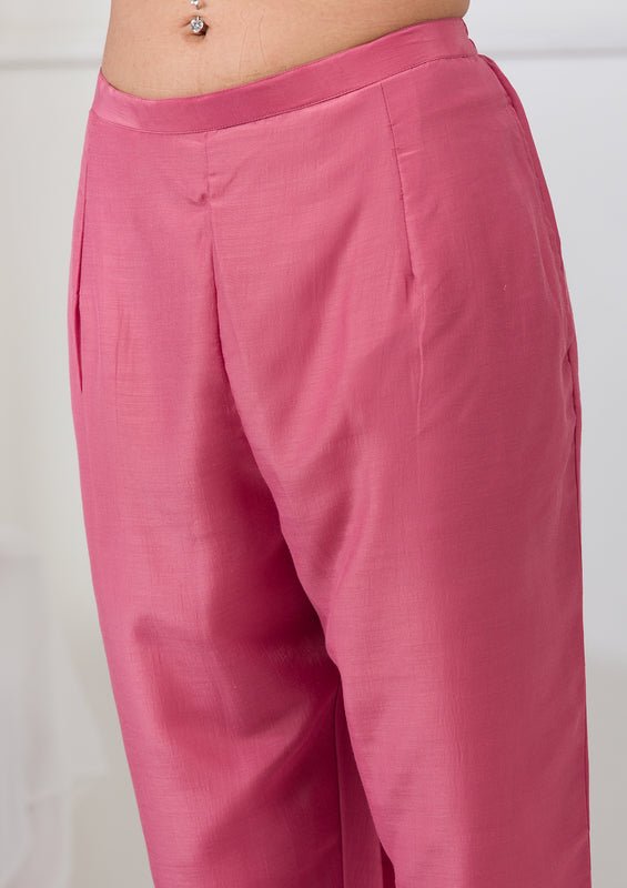 Onion Pink Soft Raw Silk Threadwork Straight Kurta With Regular Pant And Dupatta - Image 9