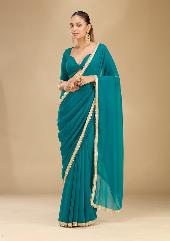 Rama Green Georgette Mirrorwork Saree With Matching Blouse Piece