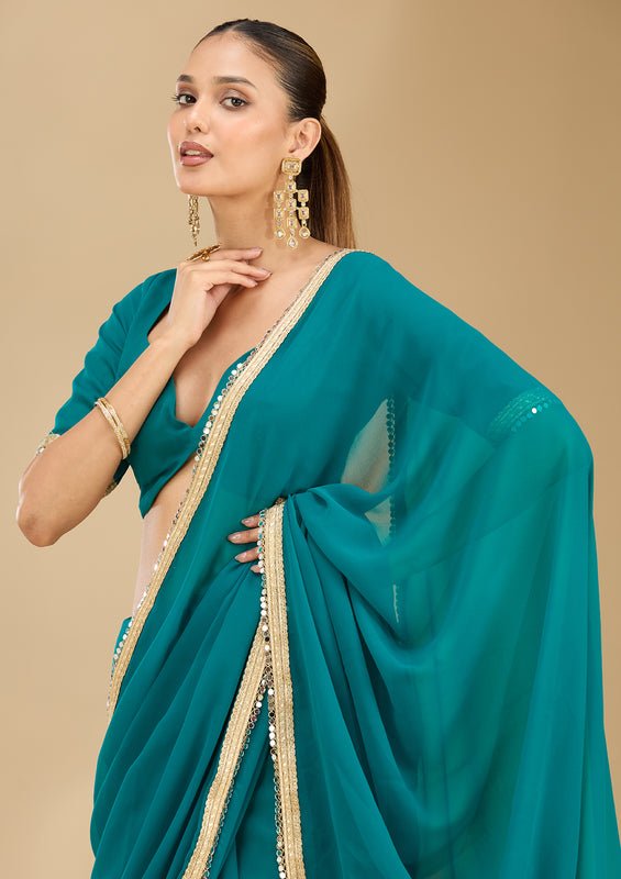 Rama Green Georgette Mirrorwork Saree With Matching Blouse Piece - Image 2