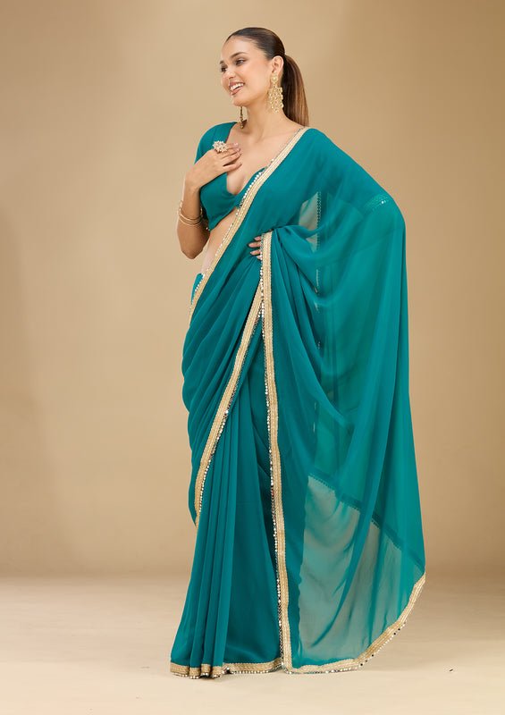 Rama Green Georgette Mirrorwork Saree With Matching Blouse Piece - Image 3