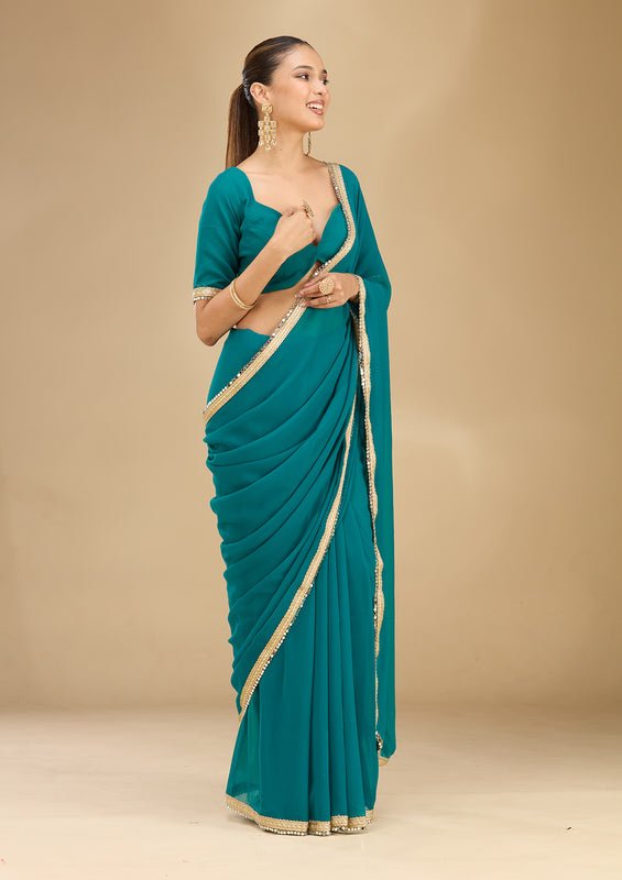 Rama Green Georgette Mirrorwork Saree With Matching Blouse Piece - Image 4