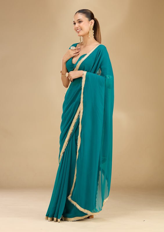 Rama Green Georgette Mirrorwork Saree With Matching Blouse Piece - Image 5