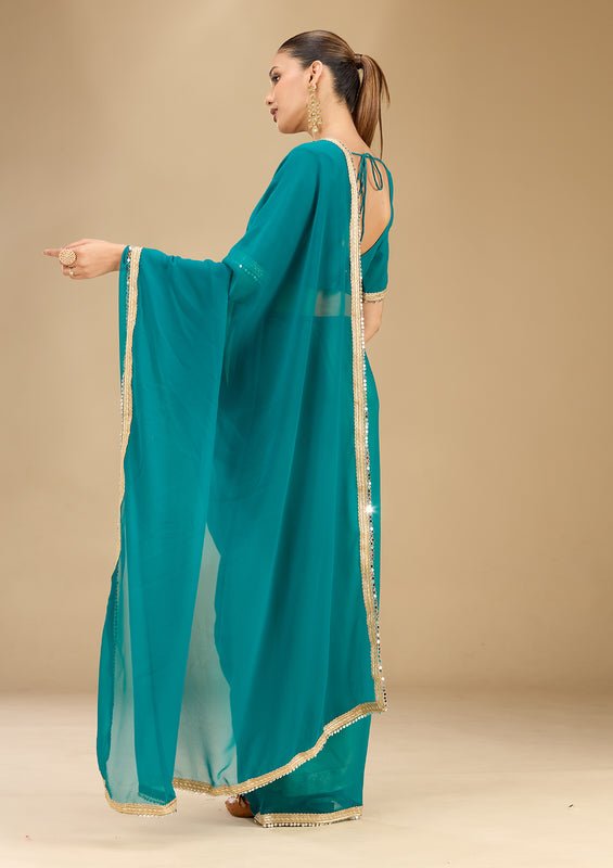 Rama Green Georgette Mirrorwork Saree With Matching Blouse Piece - Image 6
