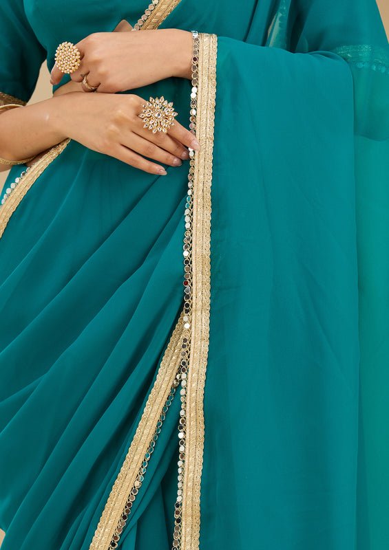 Rama Green Georgette Mirrorwork Saree With Matching Blouse Piece - Image 7